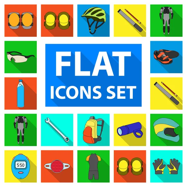 Fiets outfit plat pictogrammen in set collectie voor design. Fiets- en gereedschap symbool voorraad web vectorillustratie. — Stockvector