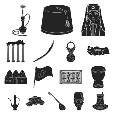 Türkiye'nin ülke siyah set koleksiyonu tasarım için simgeler. Sembol stok web illüstrasyon vektör seyahat ve konumlar.
