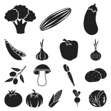 Sebze çeşitleri set koleksiyonu tasarım için simgeler siyah. Sembol stok web illüstrasyon vektör sebze ve vitaminler.