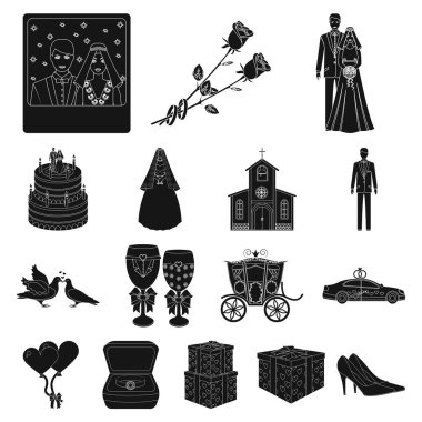 Düğün ve öznitelikleri set koleksiyonu tasarım için simgeler siyah. Sembol stok web illüstrasyon vektör yeni evliler ve aksesuarları.