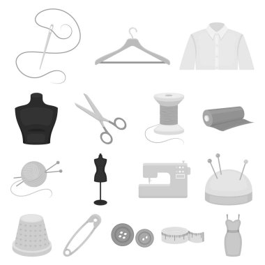 Atelier ve dikiş tek renkli simgeler set koleksiyonu tasarım için. Dikiş vektör için cihazlar ve hisse senedi web illüstrasyon simge.