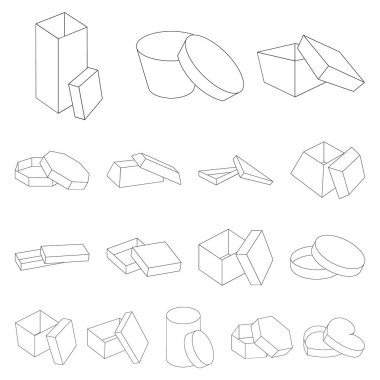 Farklı kutular set koleksiyonu tasarım için simgeleri anahat. Ambalaj kutusu vektör simge stok web çizim.