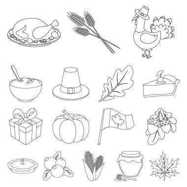 Set koleksiyonu tasarım için Kanada Şükran günü anahat simgeleri. Kanada ve gelenek sembol stok web illüstrasyon vektör.