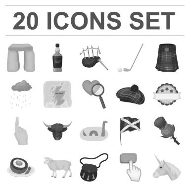 Ülke İskoçya set koleksiyonu tasarım için tek renkli simgeler. Gezi, kültür ve gelenek sembol stok web illüstrasyon vektör.