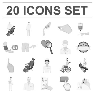 İlaç ve tedavi tek renkli simgeler set koleksiyonu tasarım için. Hastane ve ekipman sembol stok web illüstrasyon vektör.