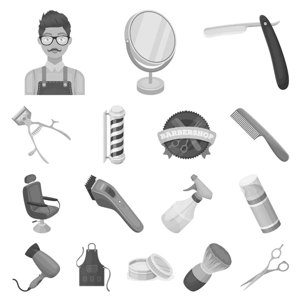 Barbearia e equipamentos ícones monocromáticos na coleção de conjuntos para design. Corte de cabelo e raspar vetor símbolo web ilustração . —  Vetores de Stock