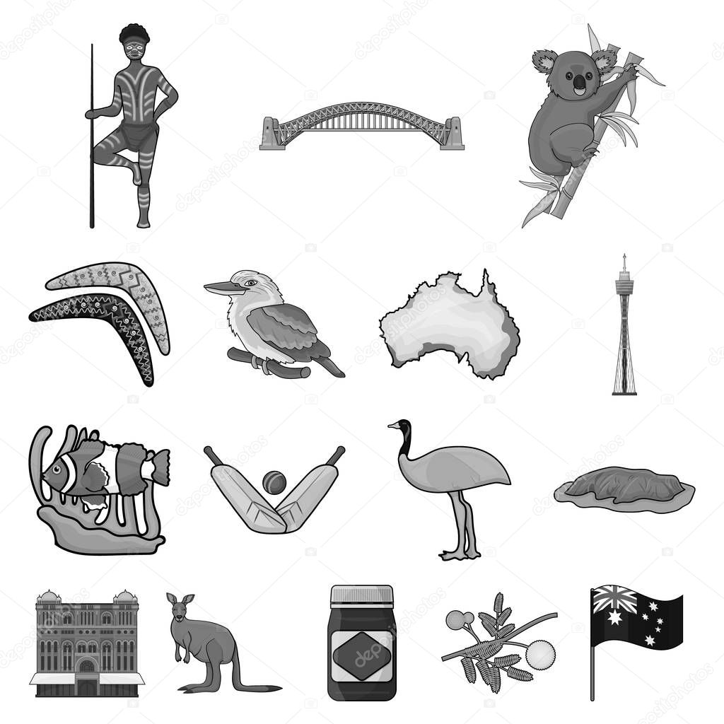 Country Australia monochrome icons in set collection for design.Travel and attractions vector symbol stock web illustration.