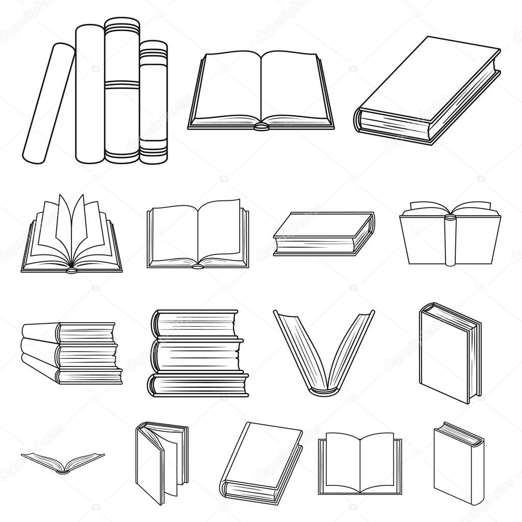 Book in the binding outline icons in set collection for design. Printed products vector symbol stock web illustration.