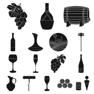 Şarap ürünleri set koleksiyonu tasarım için simgeler siyah. Sembol stok web illüstrasyon vektör ekipman ve şarap üretimi.