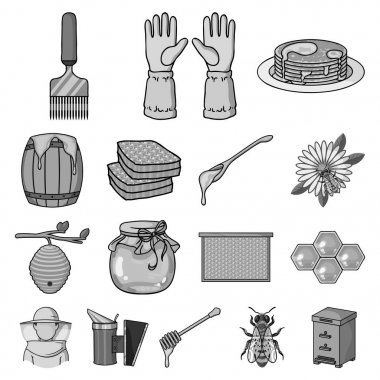 Arı kovanı ve arıcılık tek renkli simgeler set koleksiyonu tasarım için. Ekipman ve bal üretim sembol stok web illüstrasyon vektör.