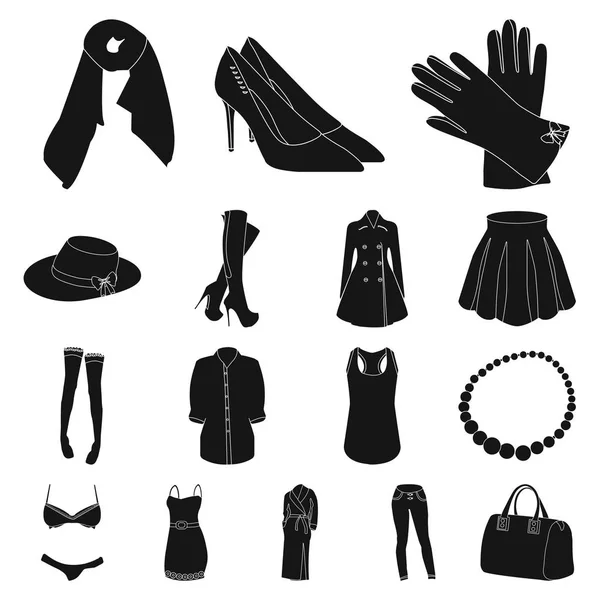 Damesmode zwarte pictogrammen in set collectie voor design. Variëteiten van de kleding en accessoires symbool voorraad web vectorillustratie. — Stockvector