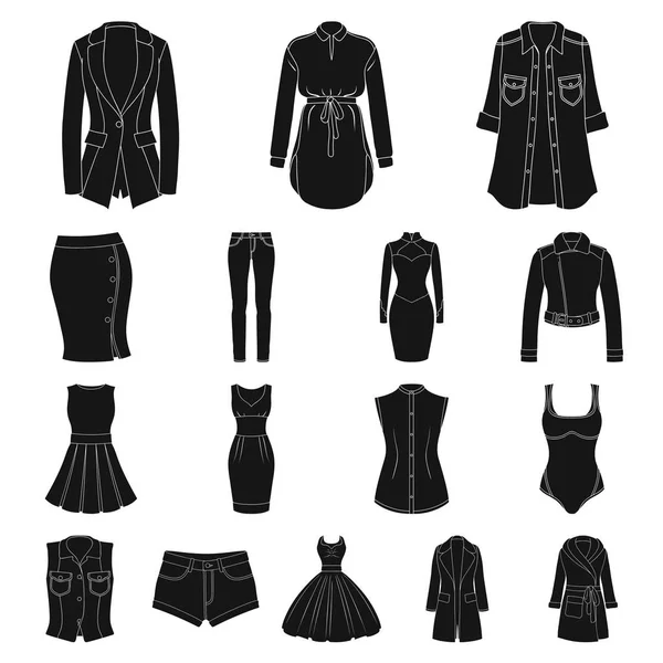 Жіночий одяг чорні ікони в наборі колекції для дизайну. Одяг Різновиди та аксесуари Векторний символ стоковий веб-ілюстрація . — стоковий вектор
