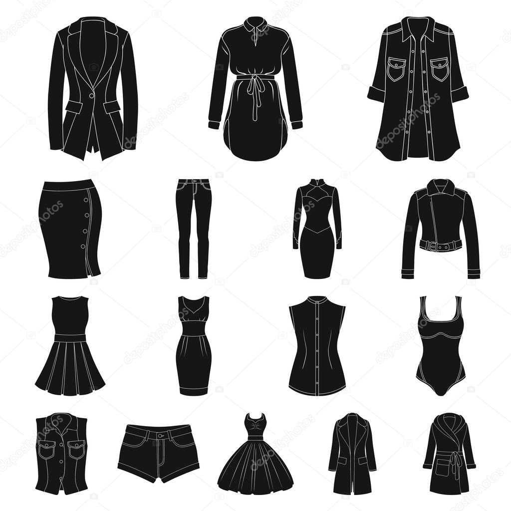 Womens Clothing black icons in set collection for design.Clothing Varieties and Accessories vector symbol stock web illustration.