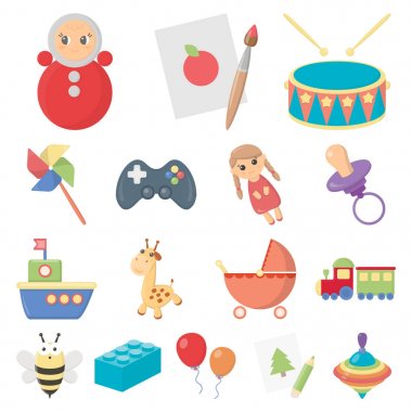 Çocuk karikatür simgeleri set koleksiyonu tasarım için oyuncak. Oyun ve önemsiz şey sembol stok web illüstrasyon vektör.