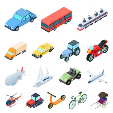 Set koleksiyonu tasarım için taşıma karikatür simgeleri farklı türleri. Araba ve gemi izometrik vektör simge stok web çizimi.