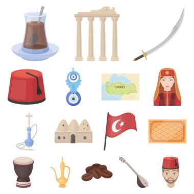 Türkiye'nin ülke çizgi film set koleksiyonu tasarım için simgeler. Sembol stok web illüstrasyon vektör seyahat ve konumlar.