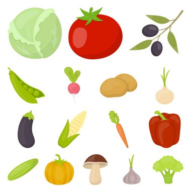 Sebze çeşitleri set koleksiyonu tasarım için simgeleri karikatür. Sembol stok web illüstrasyon vektör sebze ve vitaminler.