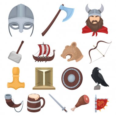 Vikingler ve öznitelikleri set koleksiyonu tasarım için simgeleri karikatür. Eski İskandinav savaşçı vektör simge stok web çizimi.
