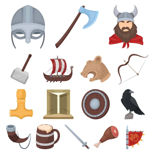 Vikingler ve öznitelikleri set koleksiyonu tasarım için simgeleri karikatür. Eski İskandinav savaşçı vektör simge stok web çizimi. — Stok Vektör