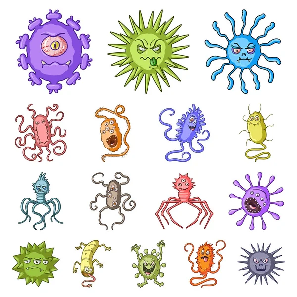 Tipos de iconos de dibujos animados de microbios divertidos en la colección de conjuntos para el diseño. Microbios patógenos vector símbolo stock web ilustración . — Archivo Imágenes Vectoriales