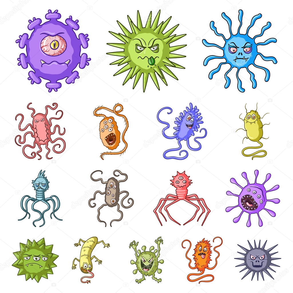 Types of funny microbes cartoon icons in set collection for design. Microbes pathogenic vector symbol stock  illustration.