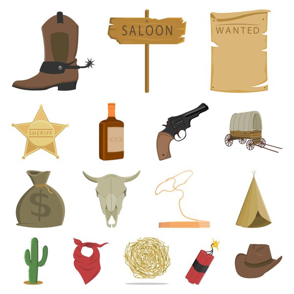 Attributes of the wild west cartoon icons in set collection for design.Texas and America vector symbol stock web illustration.