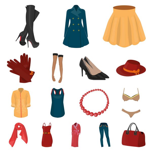 Womens Clothing cartoon icons in set collection for design.Clothing Varieties and Accessories vector symbol stock web illustration.