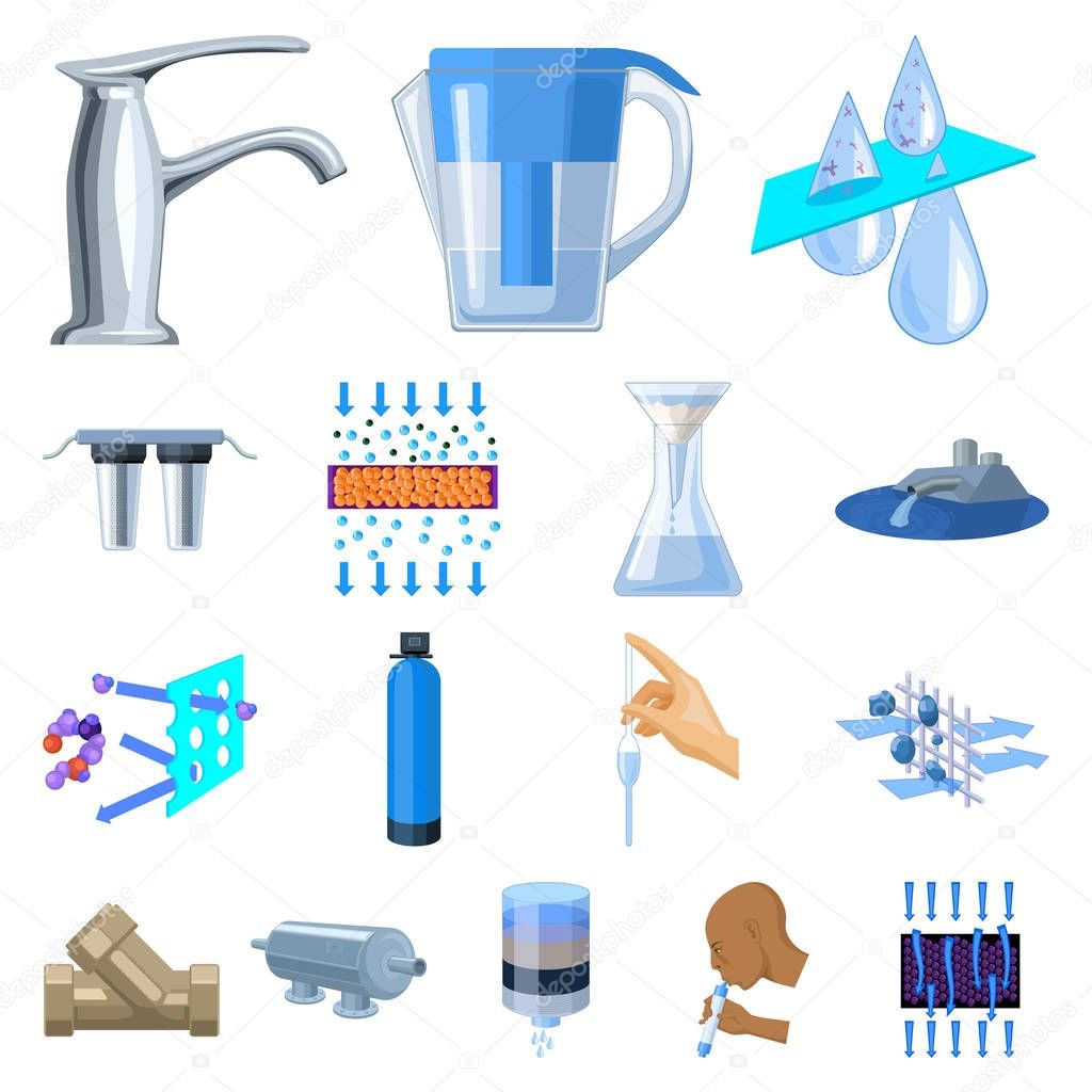 Water filtration system cartoon icons in set collection for design. Cleaning equipment vector symbol stock web illustration.