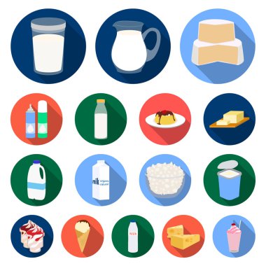 Süt ürün düz simgeler vektör design.Milk ve gıda için küme toplama hisse senedi web illüstrasyon simge.