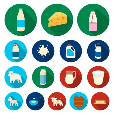 Süt ürün düz simgeler vektör design.Milk ve gıda için küme toplama hisse senedi web illüstrasyon simge.