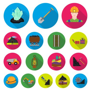 Madencilik Sanayi set koleksiyonu tasarım için düz simgeler. Cihazlar ve sembol stok web illüstrasyon vektör.