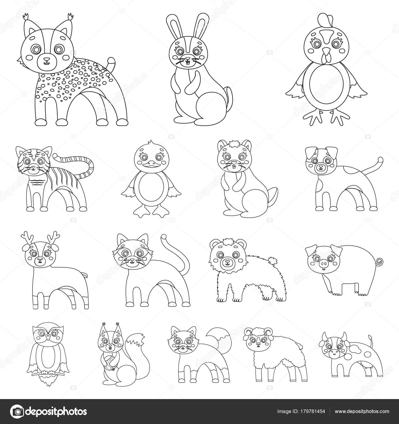 Animali giocattolo contorno icone in insieme di set per il disegno Uccello predator ed erbivoro illustrazione di riserva del simbolo di vettore