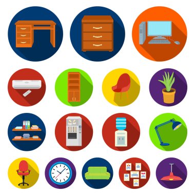 Set koleksiyonu tasarım için çalışma alanı düz simgeler iç. Ofis mobilya vektör simge stok web çizim.