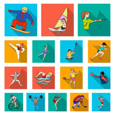 Dizayn için set koleksiyonunda farklı spor düz simgeleri var. Sporcu ve yarışmalar vektör sembolü web illüstrasyonu.