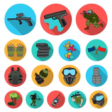Paintball takım set koleksiyonu tasarım için oyun düz simgeler. Ekipman ve kıyafet sembol stok web illüstrasyon vektör.