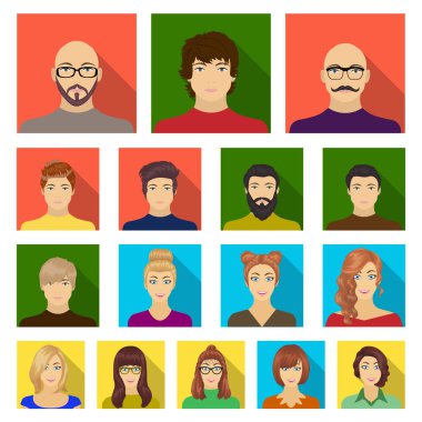 Avatar ve yüz düz simgeler set koleksiyonu tasarım için. Bir kişi görünümü vektör simge stok web çizim.