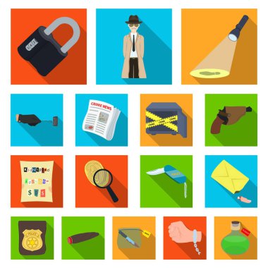 Dedektiflik Bürosu set koleksiyonu tasarım için düz simgeler. Suç ve soruşturma sembol stok web illüstrasyon vektör.