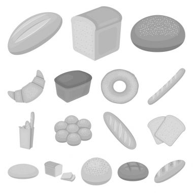 Set koleksiyonu tasarım için ekmek tek renkli simgeler türleri. Pastane sembol stok web illüstrasyon vektör.