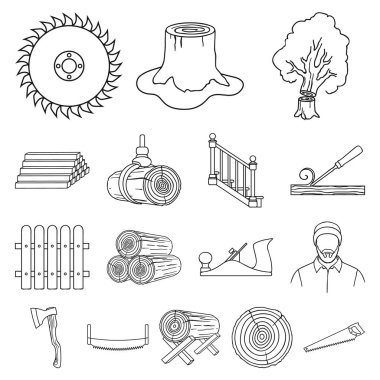 Kereste ve ahşap anahat simgeleri set koleksiyonu tasarım için. Donanım ve araçlar sembol stok web illüstrasyon vektör.