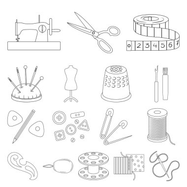 Dikiş, atelier anahat simgeleri toplama tasarımı için ayarlayın. Araç kiti vektör simge stok web çizim.