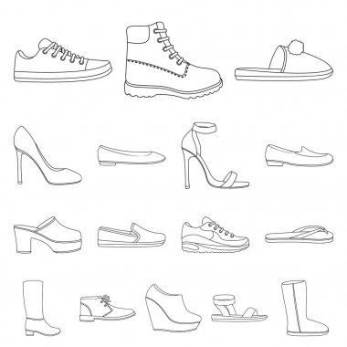 Ayakkabı çeşitli anahat simgeleri set koleksiyonu tasarım için. Önyükleme, spor ayakkabı sembol stok web illüstrasyon vektör.