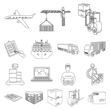 Set koleksiyonu tasarım için lojistik ve teslimat anahat simgeleri. Taşıtlar ve donatımı izometrik vektör simge stok web çizim.