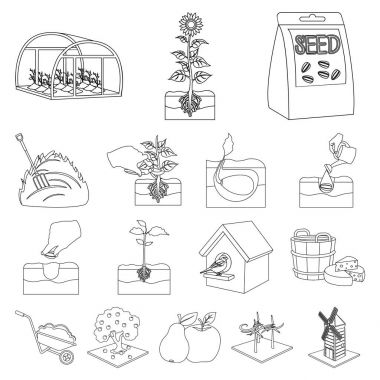 Set koleksiyonu tasarım için çiftlik ve tarım anahat simgeleri. Bahçe ve bitki izometrik vektör simge stok web çizim.