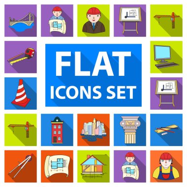 Mimarlık ve inşaat düz simgeler set koleksiyonu tasarım için. Mimar ve ekipman sembol stok web illüstrasyon vektör.