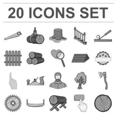 Kereste ve ahşap tek renkli simgeler set koleksiyonu tasarım için. Donanım ve araçlar sembol stok web illüstrasyon vektör.