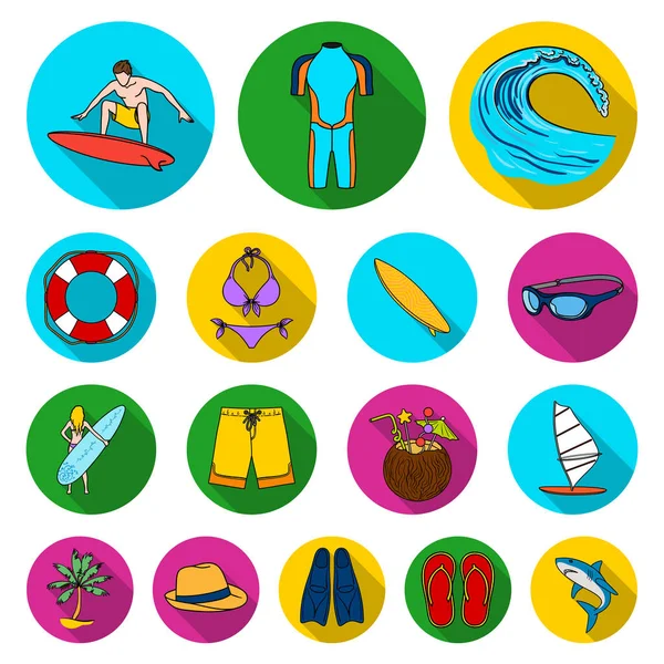 Surfing and extreme flat icons in set collection for design. Surfer and accessories vector symbol stock web illustration. — Stock Vector
