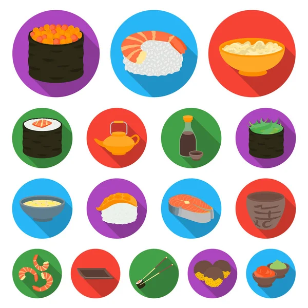 Sushi y condimentos iconos planos en la colección de conjuntos para el diseño. Alimentos de mariscos, accesorio vector símbolo stock web ilustración . — Vector de stock