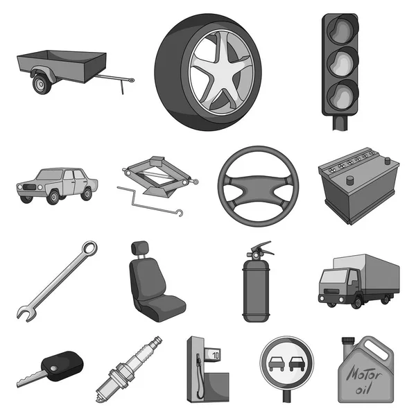 Carro, ícones monocromáticos do veículo na coleção do jogo para o projeto. Ilustração web do símbolo do vetor do carro e do equipamento . — Vetor de Stock