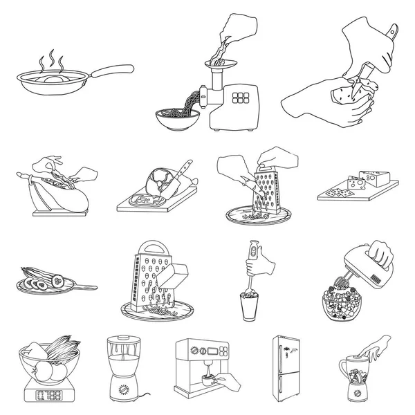 Kochen Essen umreißen Symbole in Set-Kollektion für Design. Küche, Geräte und Werkzeuge Vektor-Symbol Stock Web-Illustration. — Stockvektor
