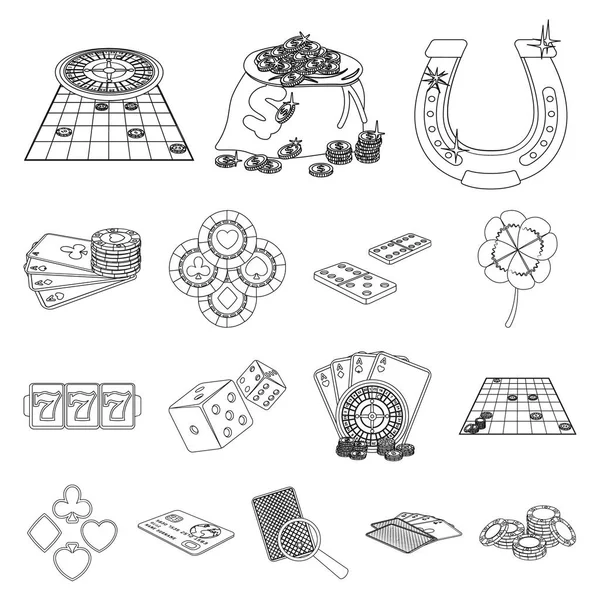 Casino y equipo esbozan iconos en la colección de conjuntos para el diseño. Juegos de azar y dinero vector símbolo stock web ilustración . — Vector de stock